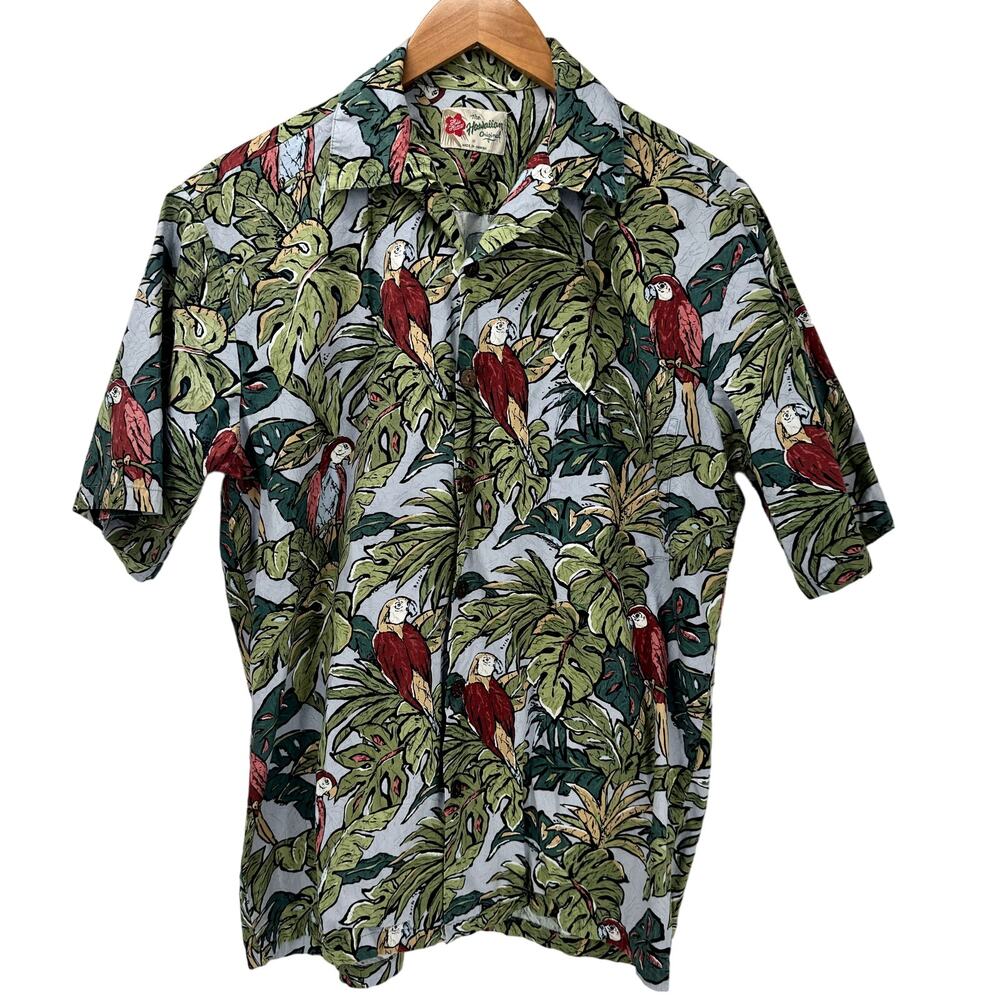 Hilo Hattie Shirt Mens Medium Parrot Print Tropical Hawaiian Button Up Vintage